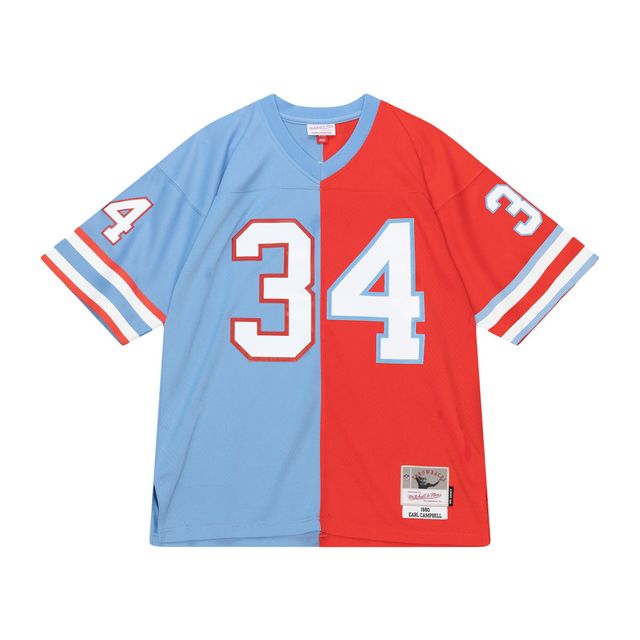 Maillot Homme Mitchell & Ness Earl Campbell Rouge/Bleu Clair Houston Oilers Gridiron Classics 1980 Split Legacy Replica Jersey