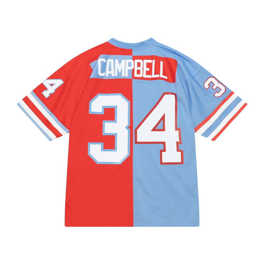 Men's Mitchell & Ness Earl Campbell Red/Light Blue Houston Oilers Gridiron Classics 1980 Split Legacy Replica Jersey