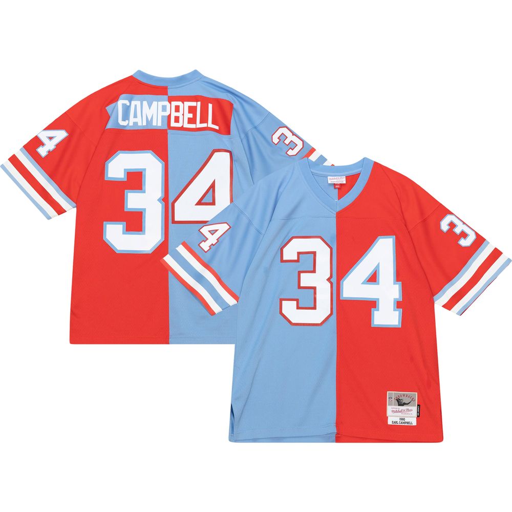 Men's Mitchell & Ness Earl Campbell Red/Light Blue Houston Oilers Gridiron Classics 1980 Split Legacy Replica Jersey