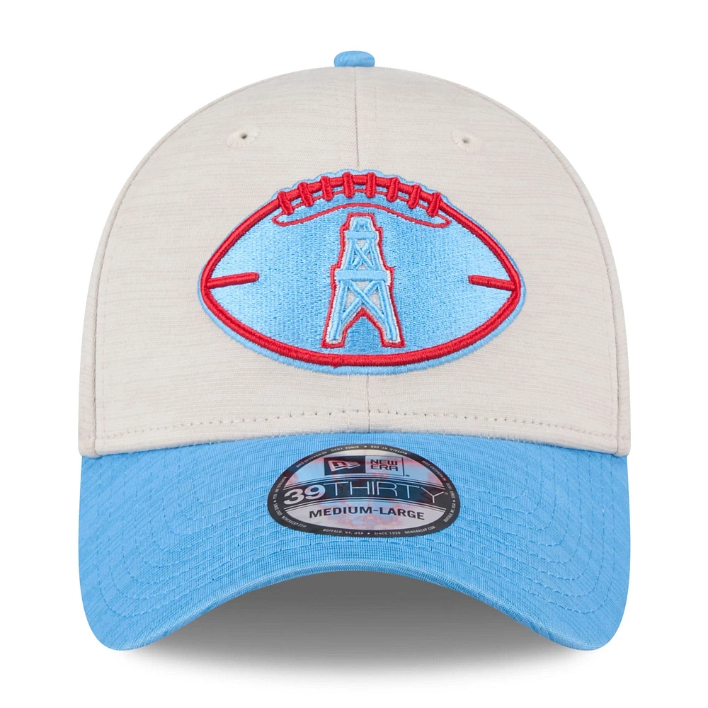 Men's New Era Stone/Light Blue Houston Oilers 2024 Sideline Gridiron Classics 39THIRTY Flex Hat