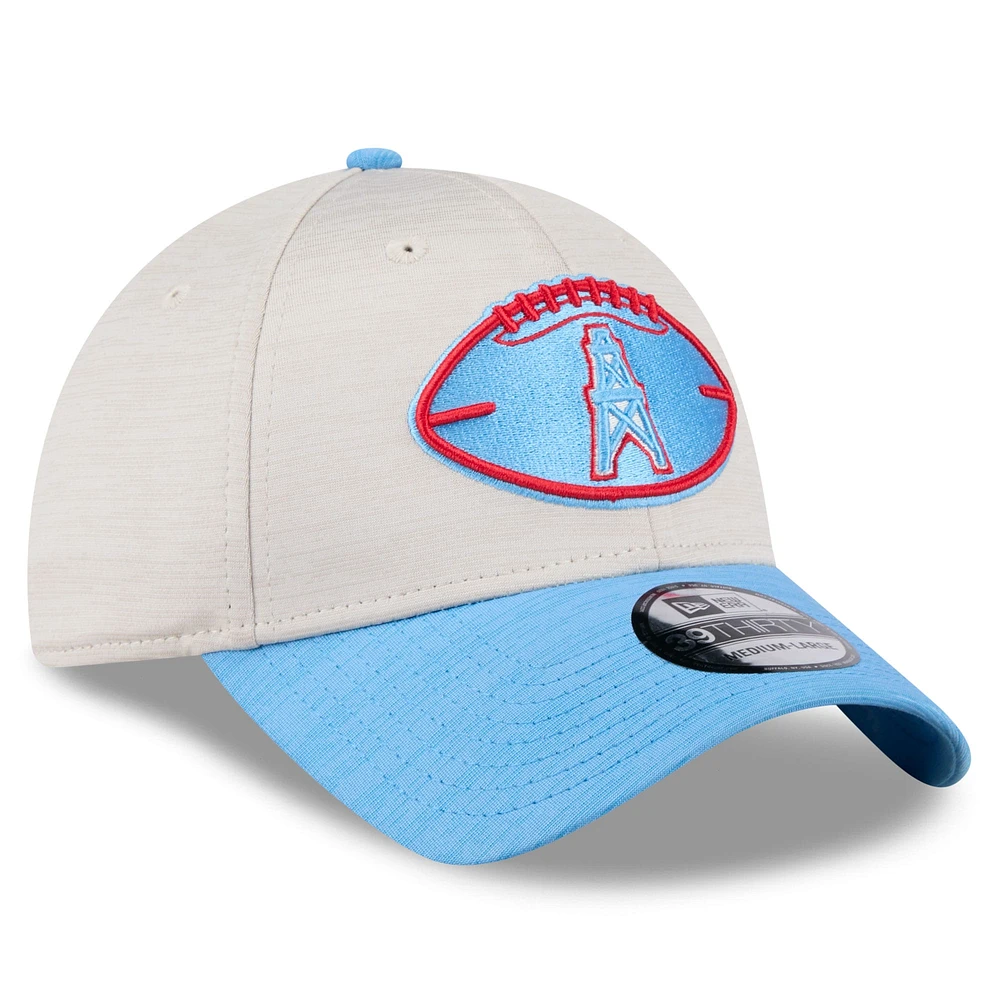 Men's New Era Stone/Light Blue Houston Oilers 2024 Sideline Gridiron Classics 39THIRTY Flex Hat