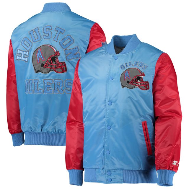 Veste Starter bleu clair/rouge pour hommes Houston Oilers Locker Room Throwback Satin Varsity Full-Snap Jacket