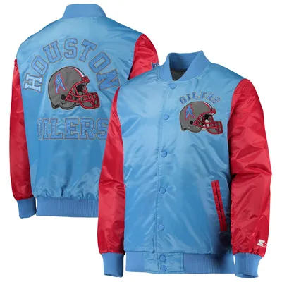 Houston Oilers Starter Locker Room Throwback Satin Varsity Full-Snap Jacket - Light Blue/Red