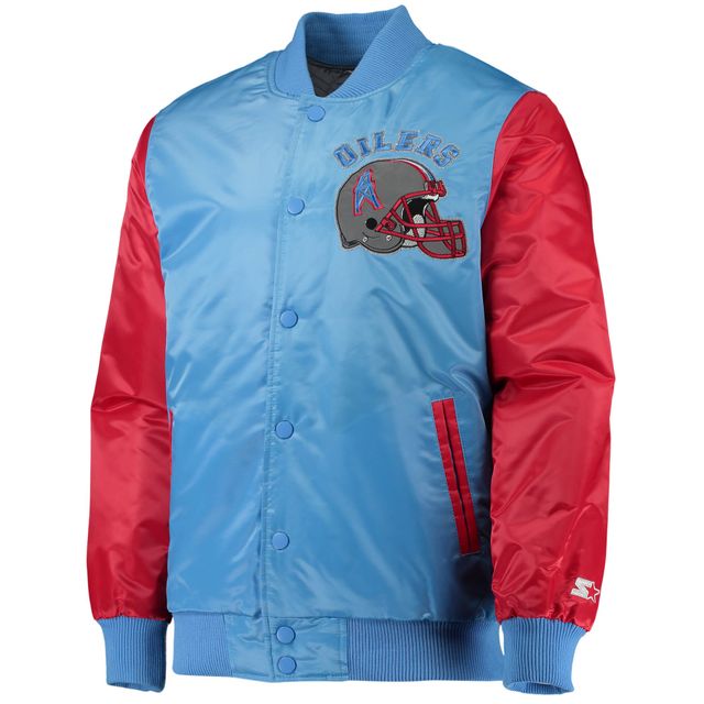 Veste Starter bleu clair/rouge pour hommes Houston Oilers Locker Room Throwback Satin Varsity Full-Snap Jacket