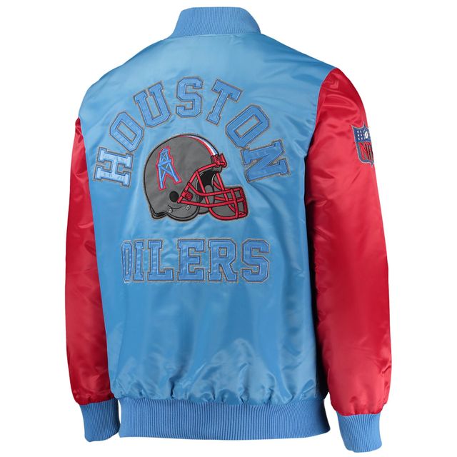 Veste Starter bleu clair/rouge pour hommes Houston Oilers Locker Room Throwback Satin Varsity Full-Snap Jacket