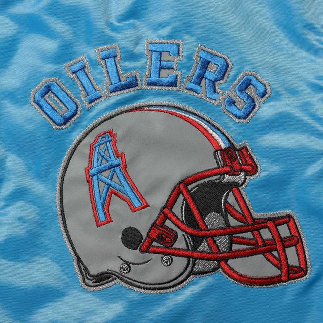 Veste Starter bleu clair/rouge pour hommes Houston Oilers Locker Room Throwback Satin Varsity Full-Snap Jacket
