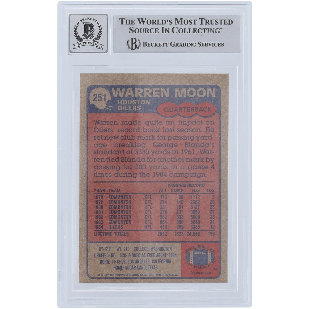 Warren Moon Houston Oilers Autographed 1985 Topps #251 Beckett Fanatics Witnessed Authenticated 10 Rookie Card with "HOF 06" Inscription