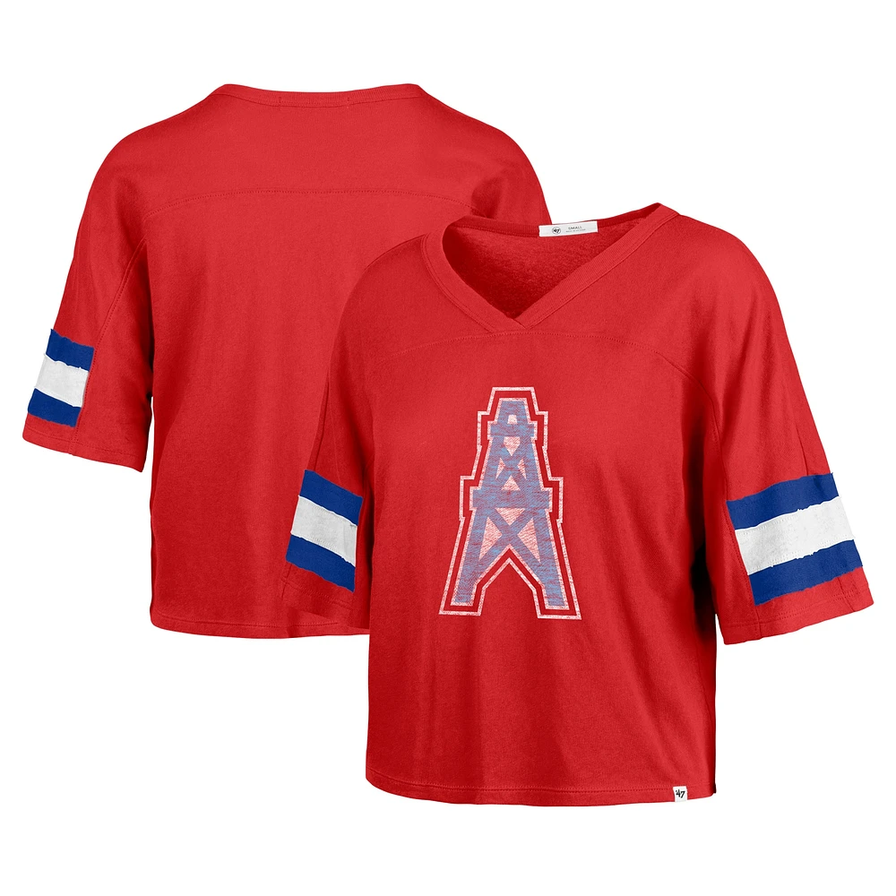 Women's '47 Red Houston Oilers Gridiron Classics Double Header Scout Cropped V-Neck T-Shirt