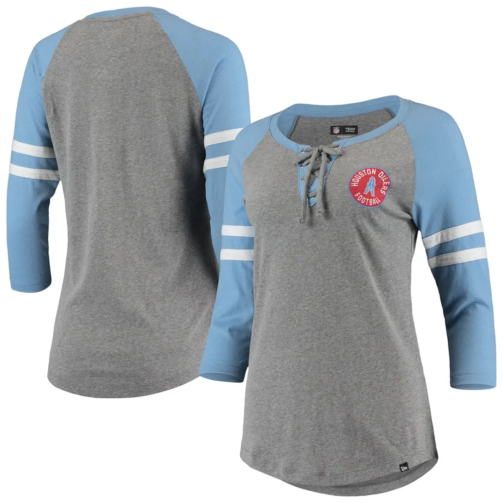 Houston Oilers New Era Women's Throwback Raglan 3/4-Sleeve Lace-Up T-Shirt  - Heathered Gray