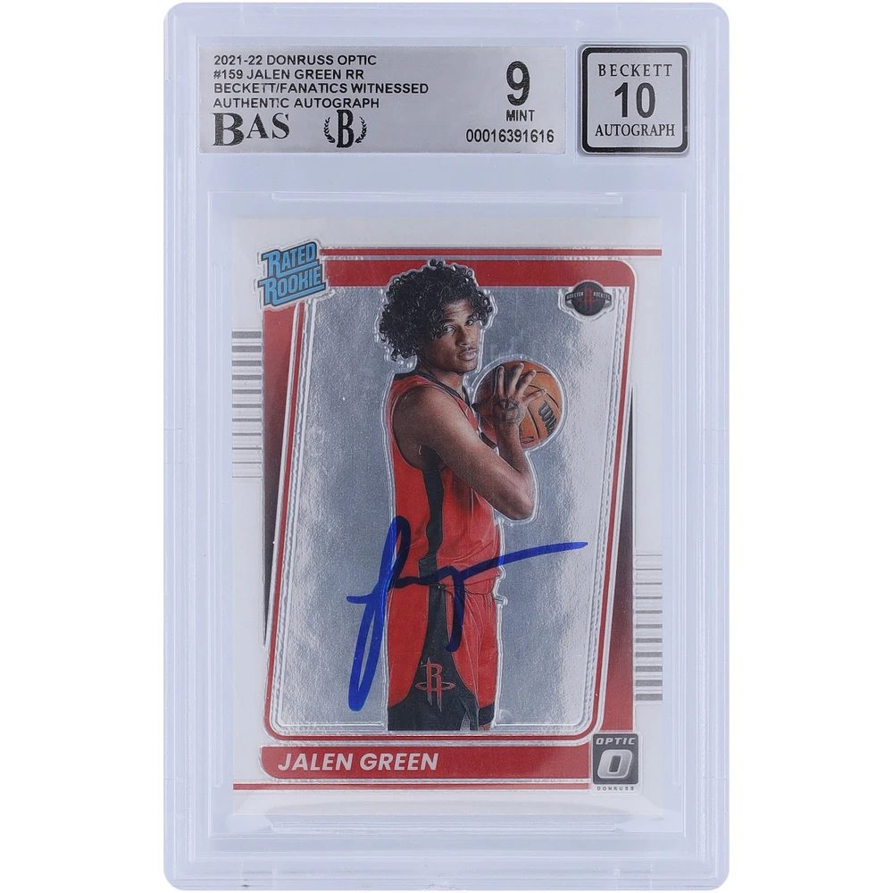 Jalen Green Houston Rockets Carte Rookie authentifiée 9/10 2021-22 Panini Donruss Optic Rated #159 Beckett Fanatics Witnessed