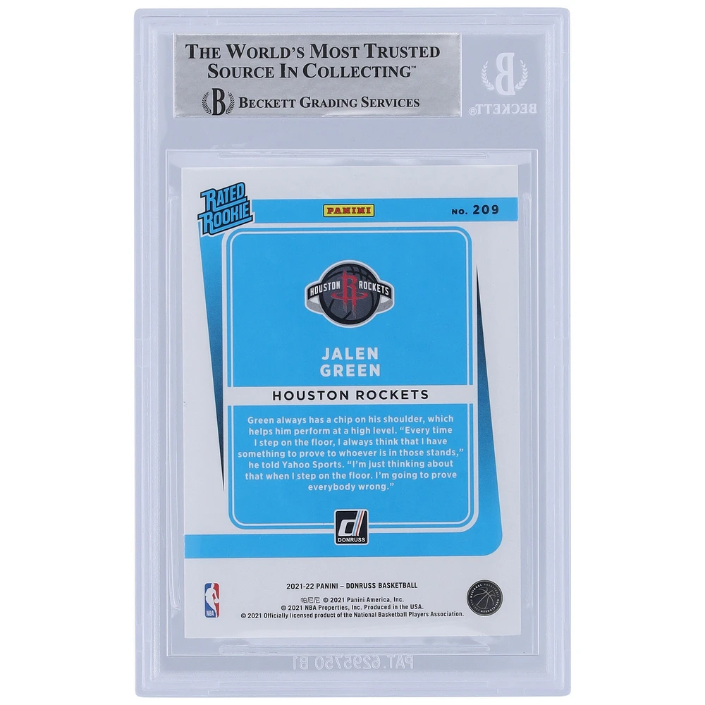 Jalen Green Houston Rockets Carte de recrue authentifiée 2021-22 Panini Donruss classée Rookie #209 Beckett Fanatics a été témoin d'une carte de recrue authentifiée avec l'inscription « Unicorn »