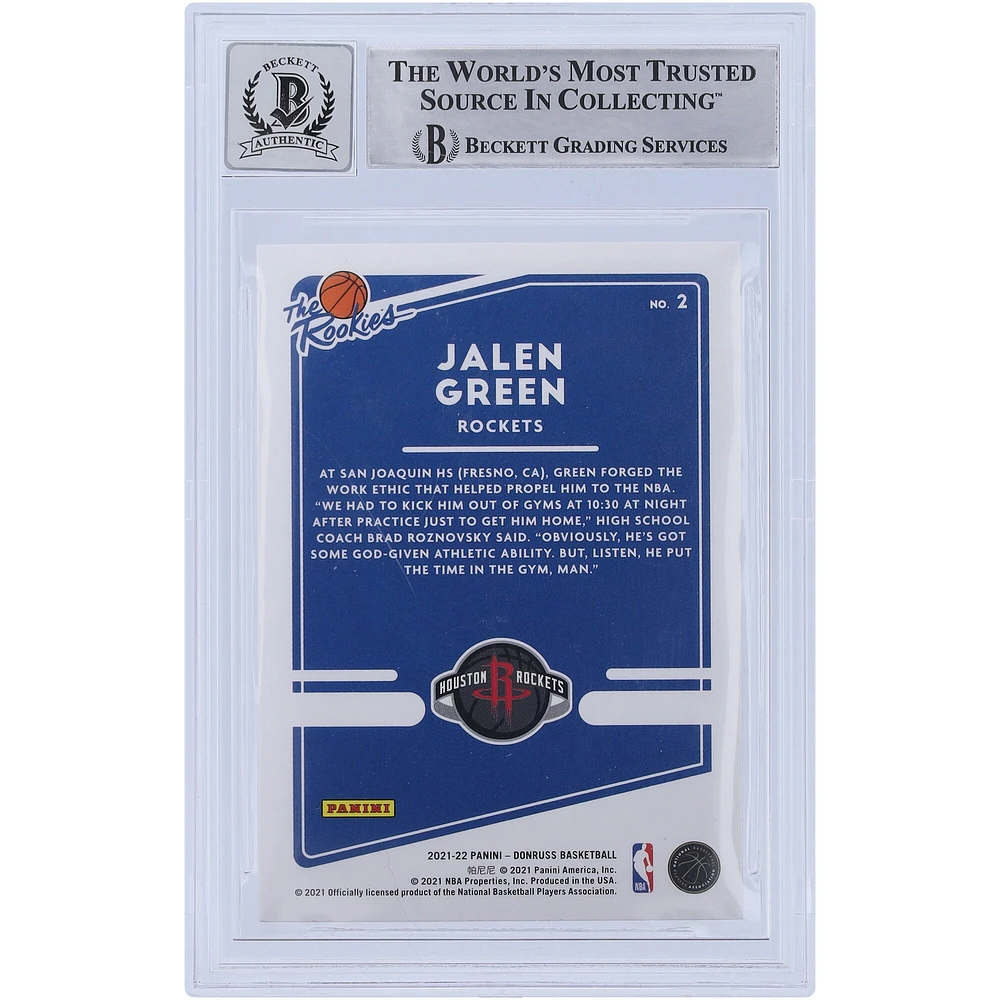 Carte de recrue Panini Donruss 2021-22 autographiée par Jalen Green Houston Rockets #2 Beckett Fanatics Witnessed Authenticated 10 Rookie