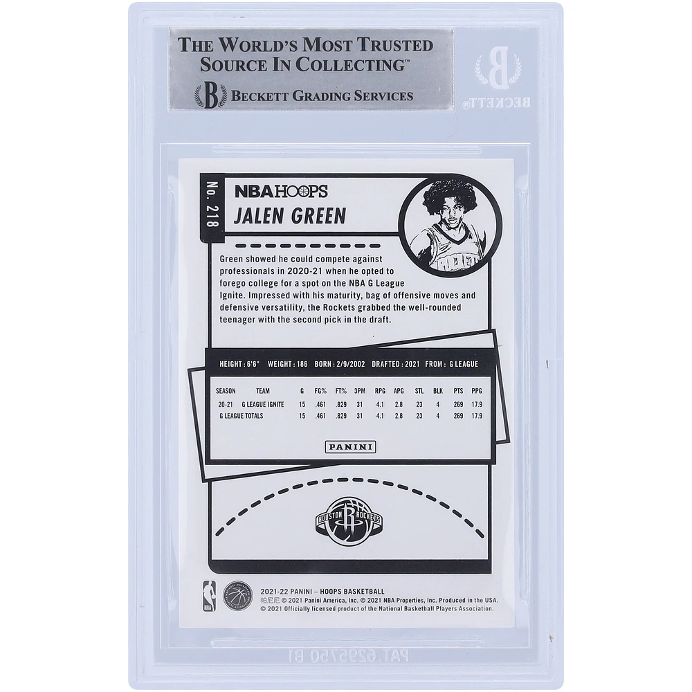Carte de recrue authentifiée signée Jalen Green Houston Rockets Panini NBA Hoops #218 2021-22 par les fanatiques de Beckett