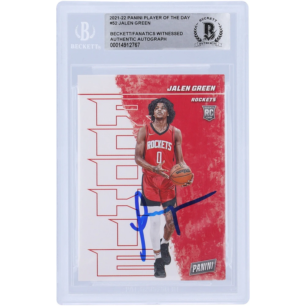 Jalen Green Houston Rockets Autographié 2021-22 Panini Player of the Day #52 Beckett Fanatics Witnessed Rookie Card Authentifié