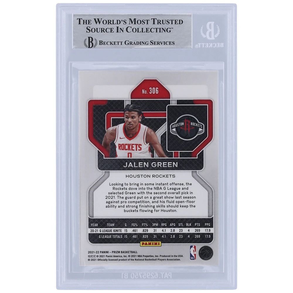 Carte de recrue authentifiée 2021-22 Panini Prizm #306 signée Jalen Green Houston Rockets avec l'inscription « Unicorn » et présentée par les fans de Beckett
