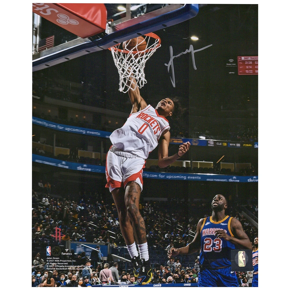 Photographie autographiée de 20,3 x 25,4 cm de Jalen Green des Houston Rockets lors du match Dunk vs. Warriors