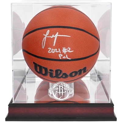 Ballon de basket Wilson autographié par Jalen Green Houston Rockets avec inscription « 2021 #2 Pick » et vitrine avec logo de l'équipe en acajou