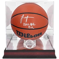 Ballon de basket Wilson autographié par Jalen Green Houston Rockets avec inscription « 2021 #2 Pick » et vitrine avec logo de l'équipe en acajou
