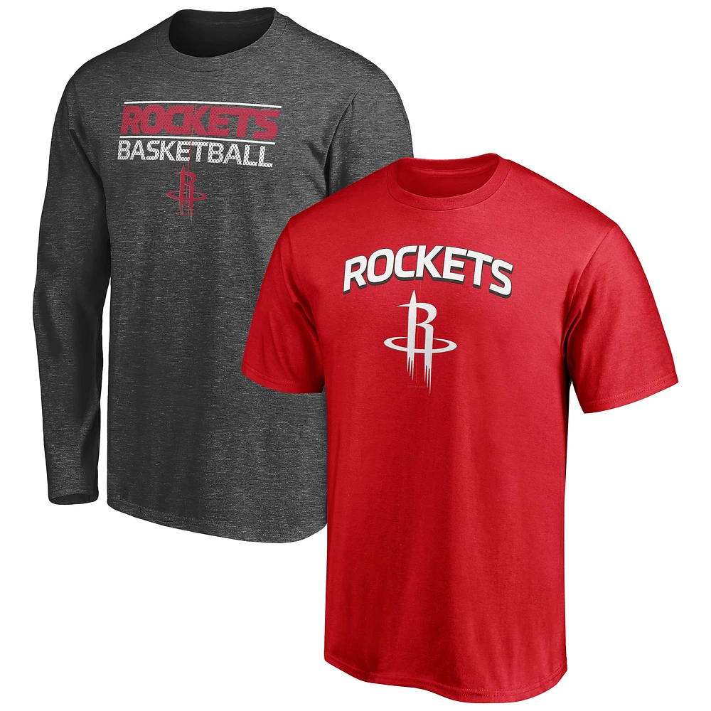 T-shirt Fanatics Heathered Charcoal/Red Houston Rockets pour hommes - Pack combiné