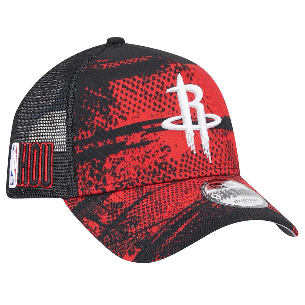 Men's New Era Black/Red Houston Rockets Tip Off A-Frame Trucker 9FORTY Adjustable Hat