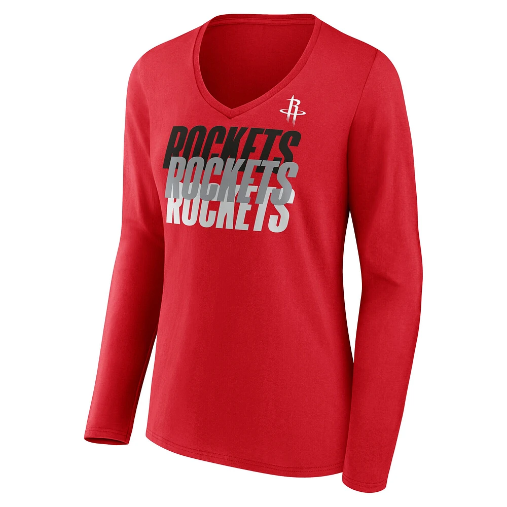 T-shirt à manches longues et col en V emblématique des Houston Rockets Fanatics pour femme