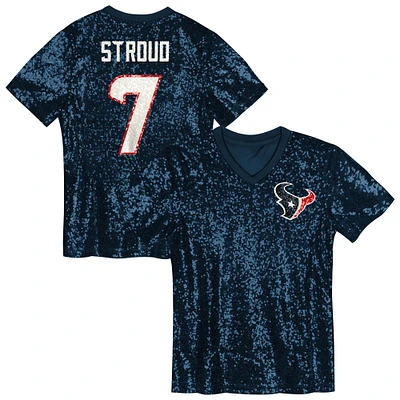 Maillot à col en V sequins bleu marine C.J. Stroud pour jeunes filles des Houston Texans