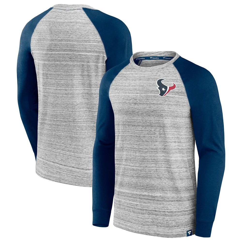 Men's Fanatics Heather Gray/Navy Houston Texans Fair Shake Raglan Long Sleeve T-Shirt