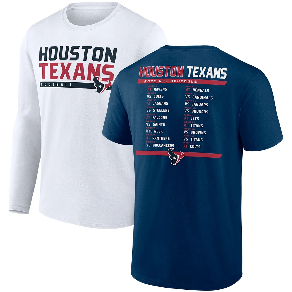 Ensemble combiné de t-shirts du calendrier 2023 des Houston Texans Fanatics pour hommes, bleu marine/blanc