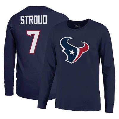 T-shirt à manches longues avec nom et numéro des Houston Texans Majestic Threads C.J. Stroud pour hommes, bleu marine