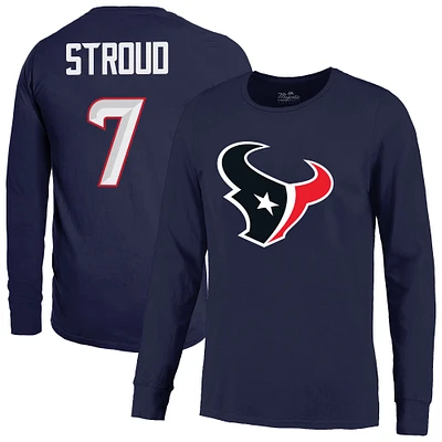 T-shirt à manches longues pour homme Majestic Threads C.J. Stroud Navy Houston Texans avec nom et numéro non vieilli