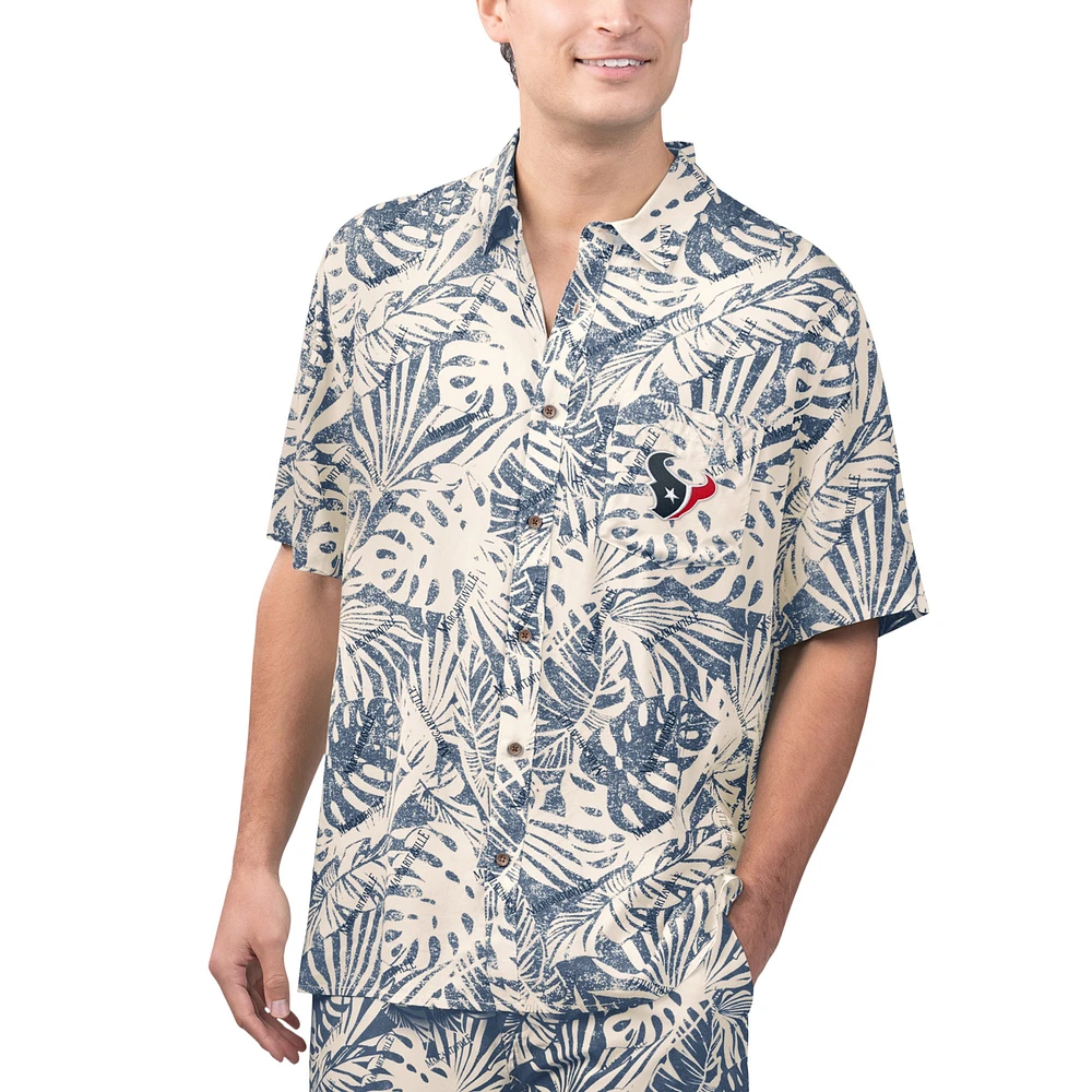 Chemise boutonnée de fête à imprimé Monstera délavé au sable des Houston Texans Margaritaville pour hommes