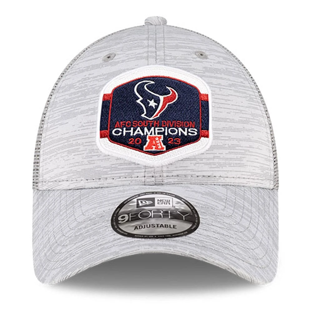 Men's New Era  Heather Gray Houston Texans 2023 AFC South Division Champions Locker Room Trophy Collection 9FORTY Trucker Adjustable Hat