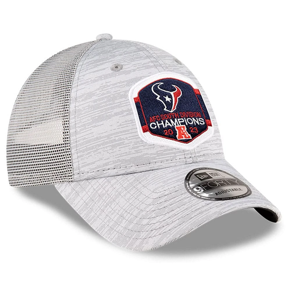 Men's New Era  Heather Gray Houston Texans 2023 AFC South Division Champions Locker Room Trophy Collection 9FORTY Trucker Adjustable Hat