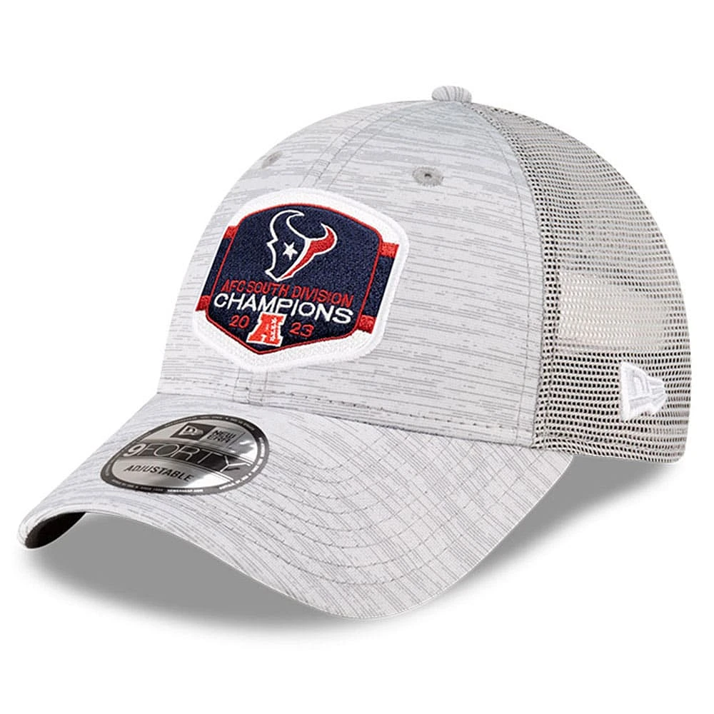 Casquette réglable New Era Heather Grey Houston Texans 2023 AFC South Division Champions Locker Room Trophy Collection 9FORTY Trucker pour hommes