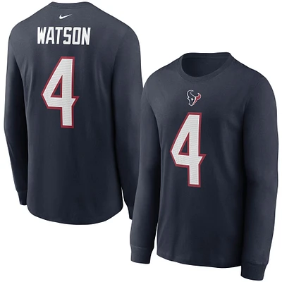 T-shirt à manches longues avec nom et numéro de joueur des Houston Texans Nike Deshaun Watson pour homme, bleu marine