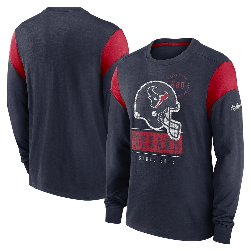 T-shirt à manches longues Nike Heather Navy Houston Texans Rewind Playback pour homme