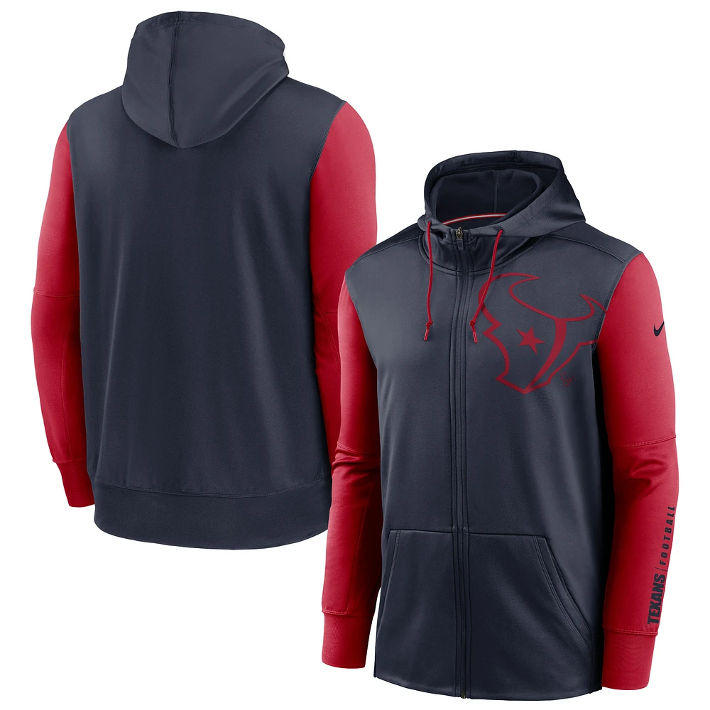 Sweat à capuche entièrement zippé Nike Houston Texans Fan Gear Performance pour homme, bleu marine/rouge