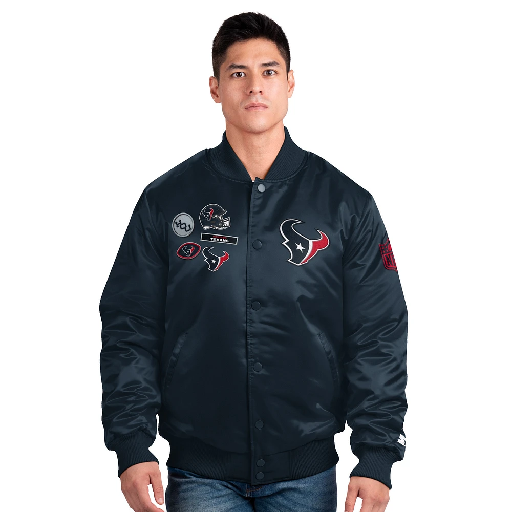 Veste universitaire exclusive en satin à boutons-pression pour homme Starter Navy Houston Texans