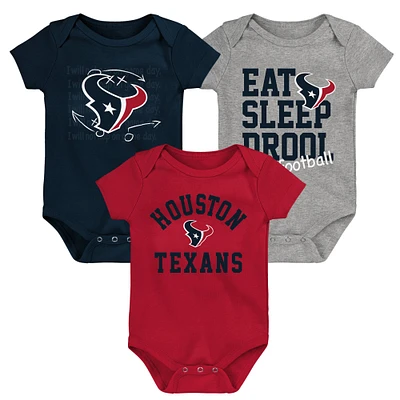 Ensemble de trois bodys rétro Eat, Sleep & Drool des Houston Texans pour nouveau-nés et nourrissons, bleu marine/rouge/gris chiné