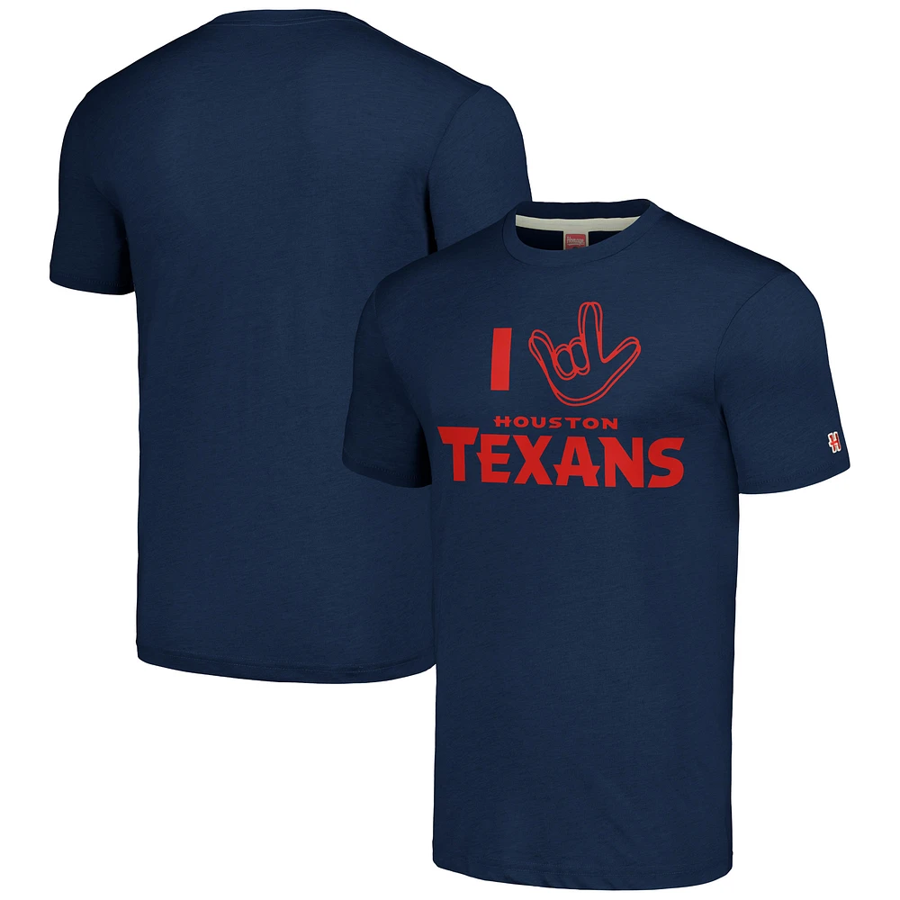 Hommage unisexe bleu marine Houston Texans La collection NFL ASL par Love Sign T-shirt à trois mélanges