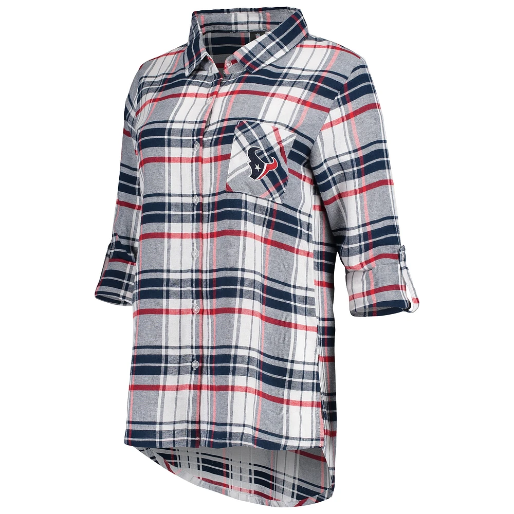 Women's Concepts Sport Navy/Red Houston Texans Accolade Flannel Long Sleeve Button-Up Nightshirt