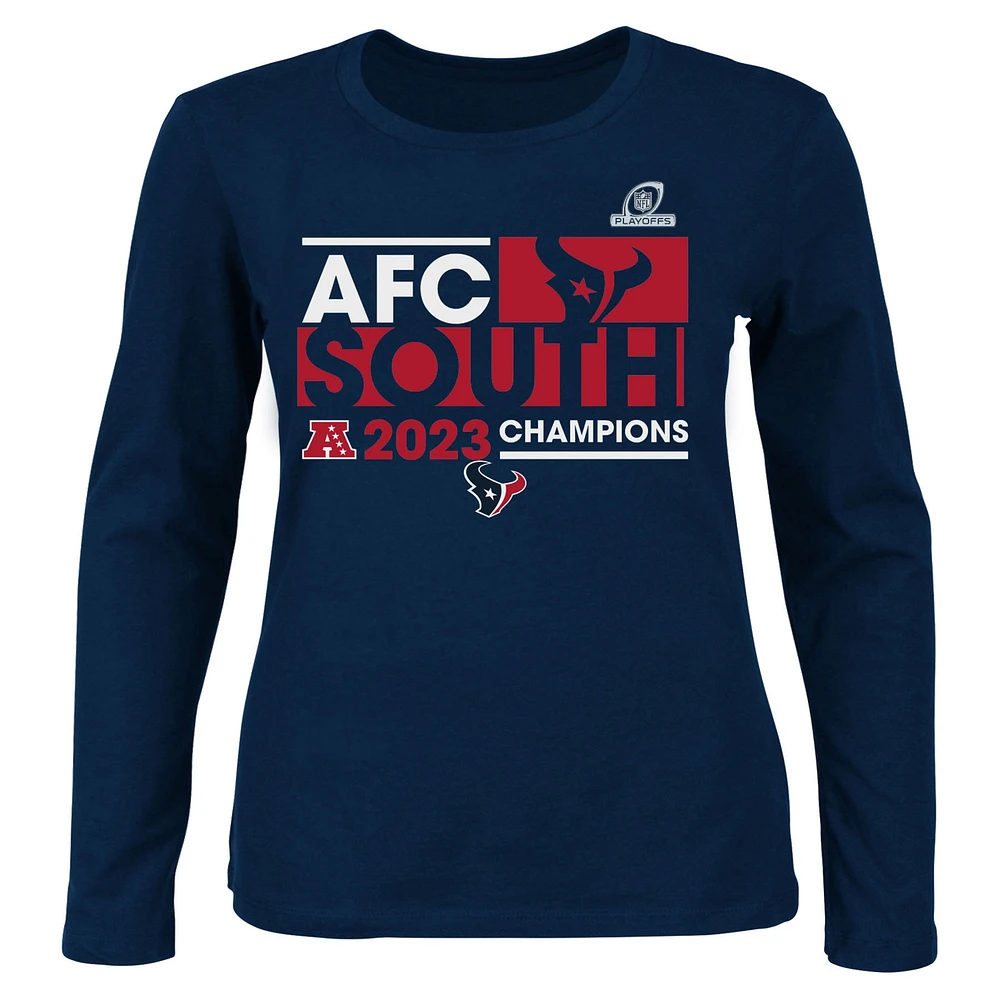 T-shirt à manches longues et col rond Fanatics Navy Houston Texans 2023 AFC South Division Champions pour femmes, grande taille