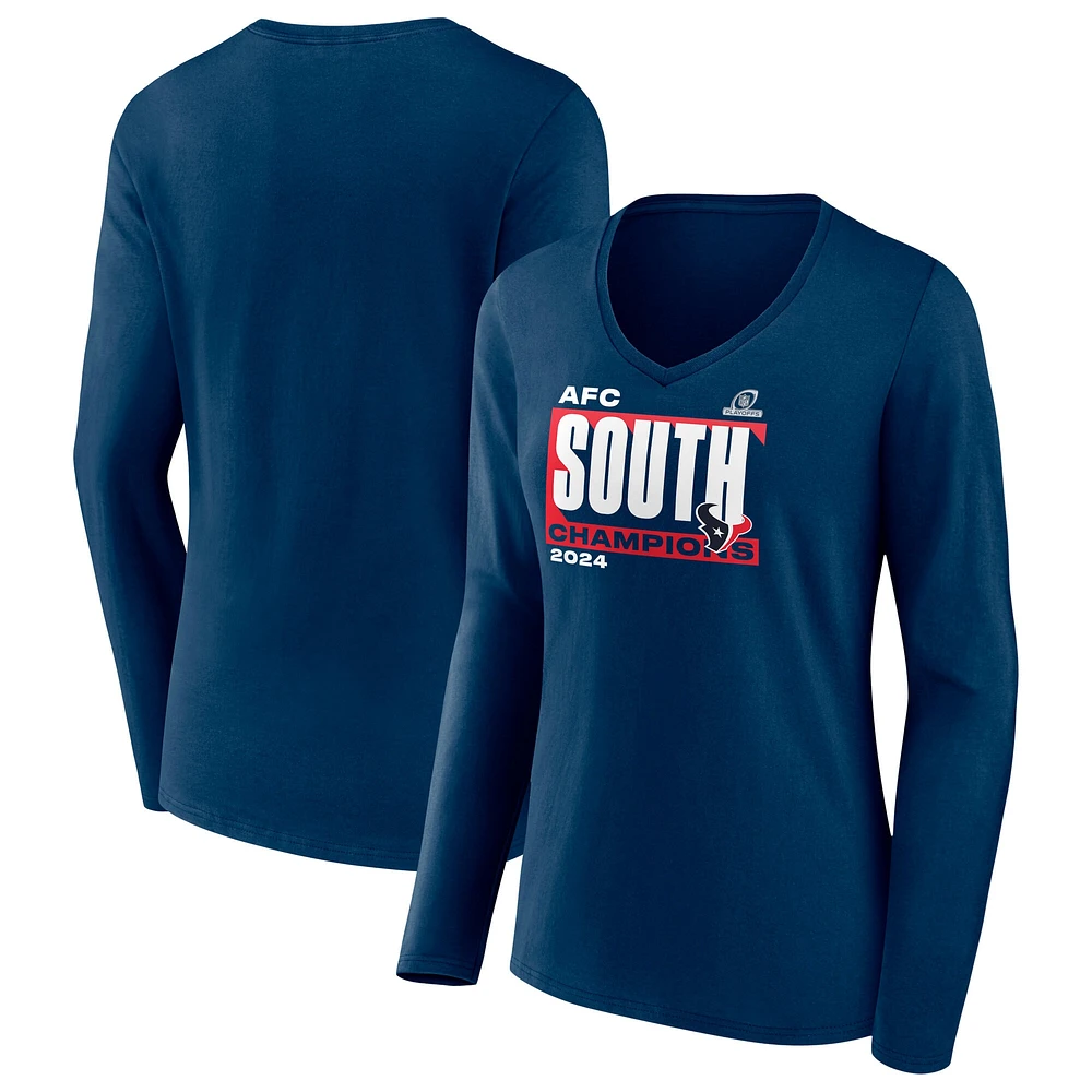 T-shirt à manches longues et col en V pour femme Fanatics Navy Houston Texans 2024 AFC South Division Champions Conquer