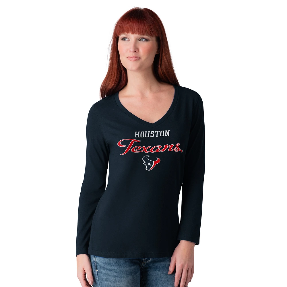 T-shirt à manches longues et col en V pour femme G-III 4Her by Carl Banks Navy Houston Texans Post Season