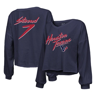 Women's Majestic Threads C.J. Stroud Navy Houston Texans Name & Number Script Off-Shoulder Cropped Long Sleeve T-Shirt