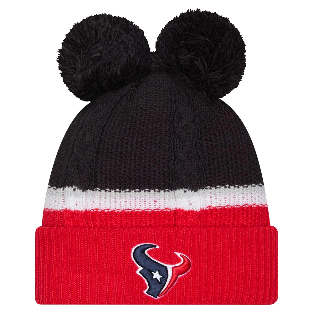 Bonnet en tricot à revers à double bulle avec pompons pour femme New Era bleu marine Houston Texans