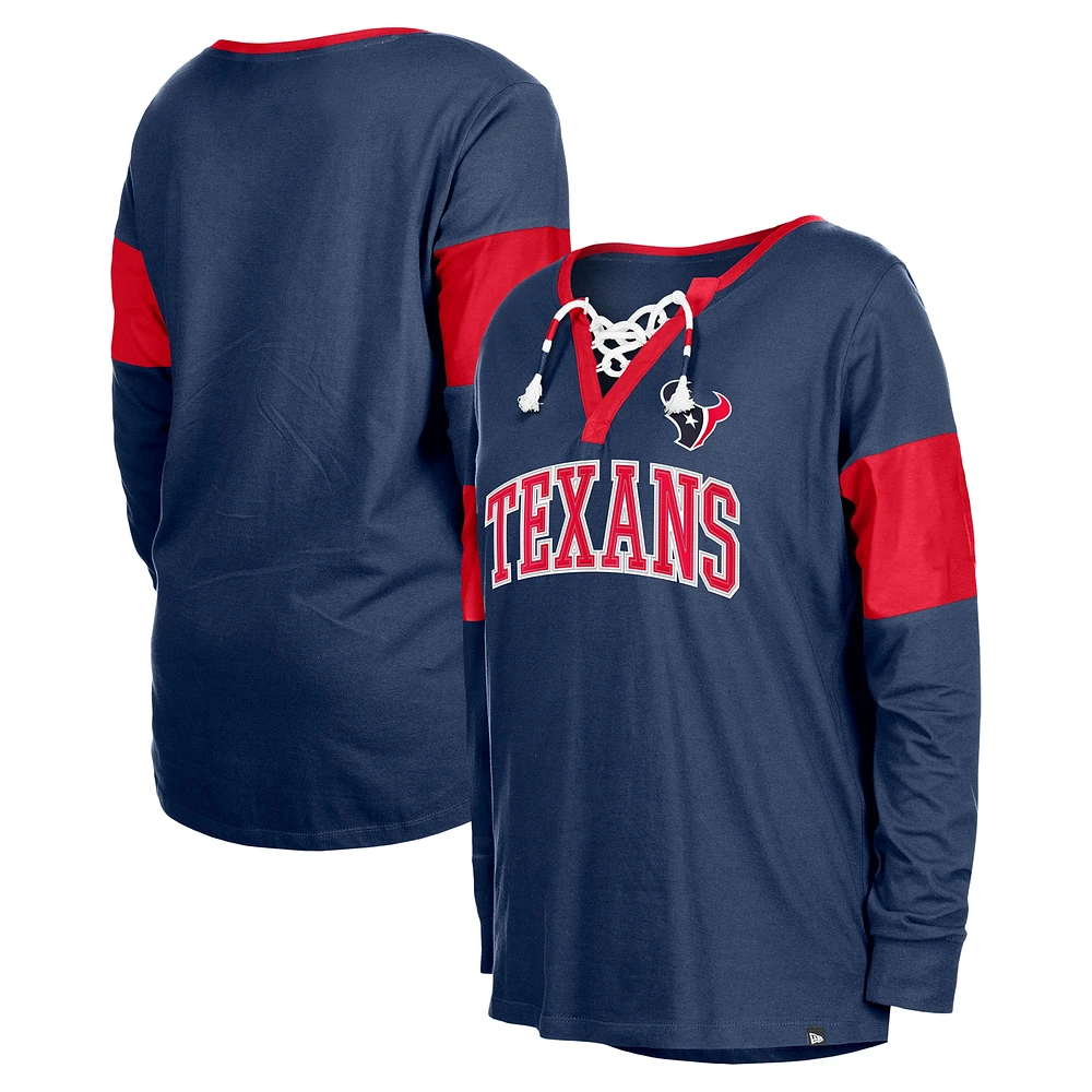 T-shirt à manches longues et col cranté lacets pour femme New Era bleu marine Houston Texans