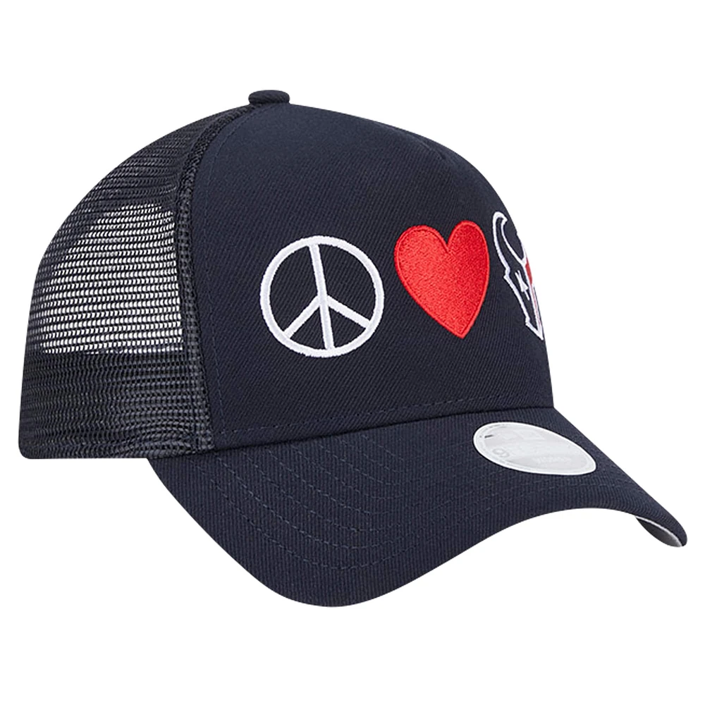 Women's New Era Navy Houston Texans Peace & Love Trucker 9FORTY Adjustable Hat