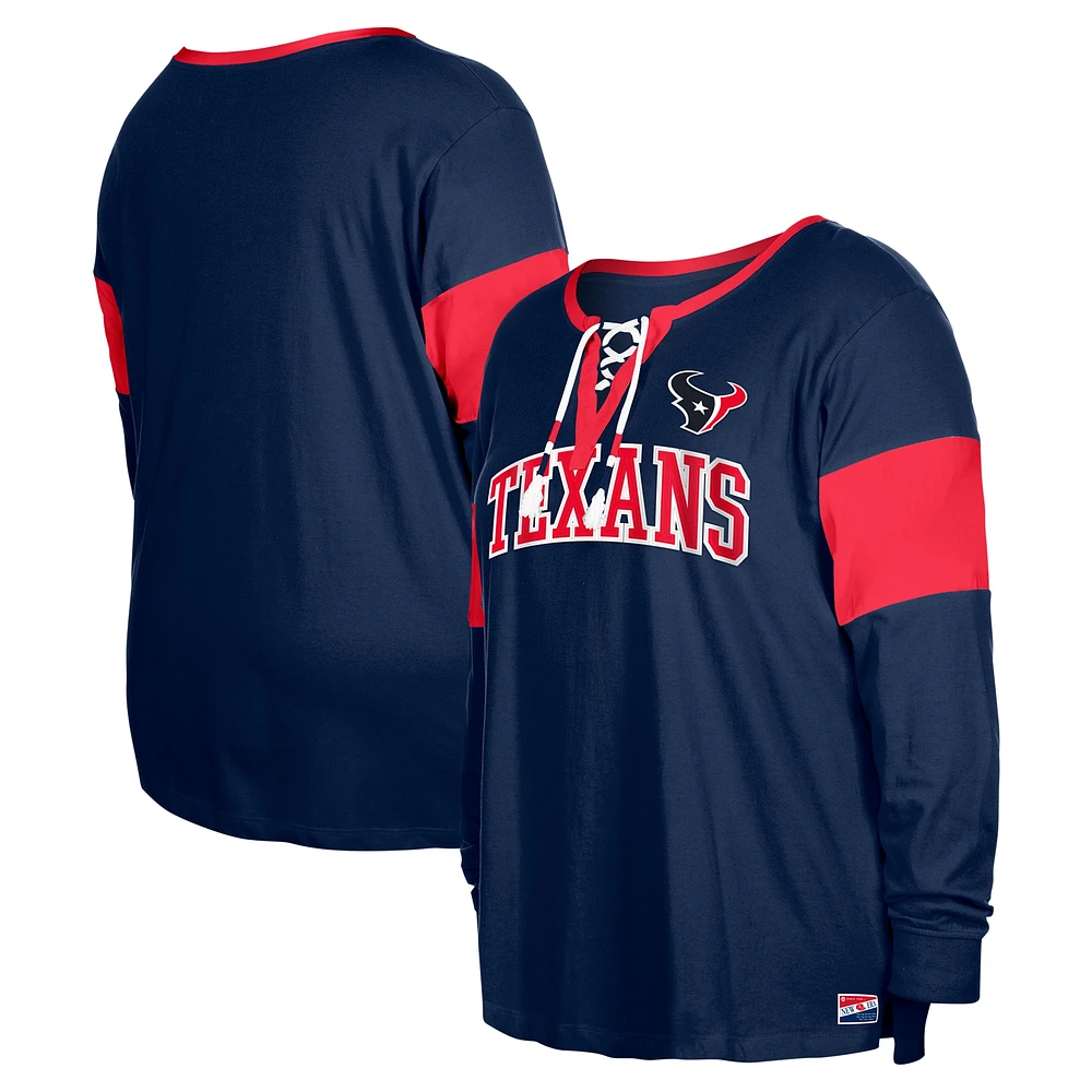 T-shirt à manches longues et col cranté lacets pour femme New Era bleu marine Houston Texans grande taille