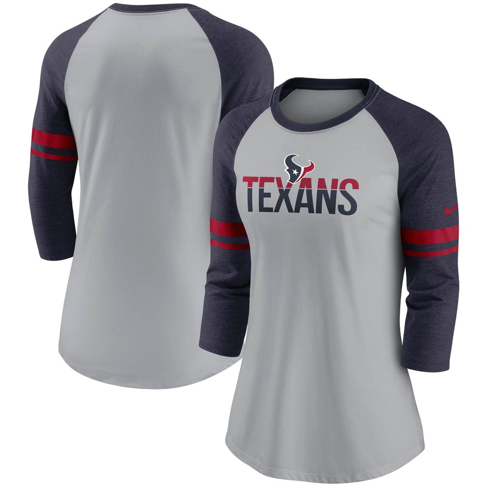 Women's Nike Heathered Gray/Navy Houston Texans Stripe Mesh Nickname Tri-Blend 3/4-Sleeve T-Shirt